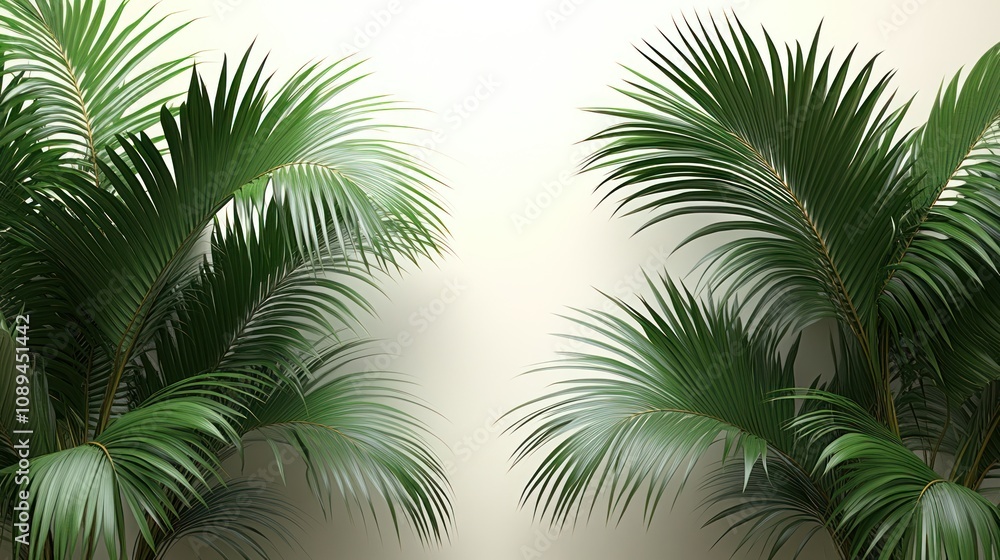 Lush green palm fronds against a beige wall. Lush green palm fronds against a beige wall.