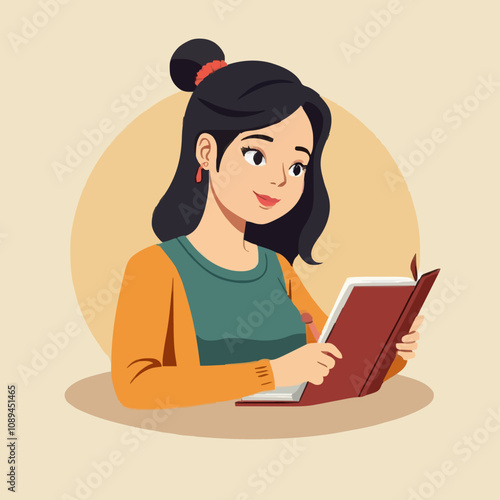Illustration of a young woman sitting at a table with a book and a pen, doing a writing activity.
