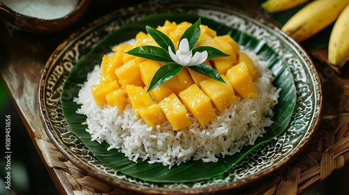 Closeup of a beautifully presented tropical mango sticky rice dish featuring a vibrant green rice base fresh mango slices and a creamy coconut milk topping photo