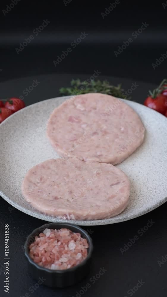 Raw chicken burger cutlet with salt, spices and herbs on dark concrete background Raw chicken burger cutlet with salt, spices and herbs on dark concrete background