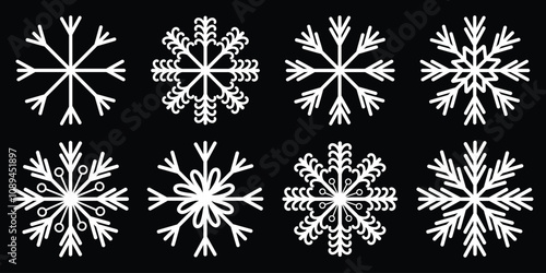 Snowflakes icons set. Christmas vector snow symbol. White snowflake vector isolated on black background. Set of modern snowflakes for different design and decoration Christmas. Vector illustration.