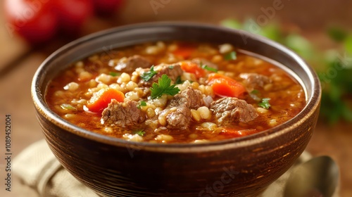 A bowl of hearty beef barley soup with carrots, tomatoes, and fresh parsley.