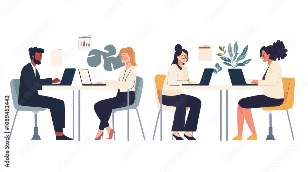 Collaborative Teamwork: Diverse Professionals Working Together on Laptops in a Modern Office Setting Collaborative Teamwork: Diverse Professionals Working Together on Laptops in a Modern Office Setting