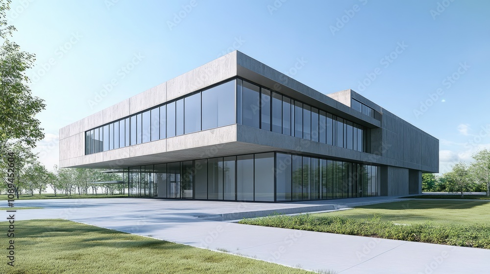 Side view of a modern concrete building with large, clean surfaces, under a bright and cloudless sky, perfect for an industrial vibe. Side view of a modern concrete building with large, clean surfaces, under a bright and cloudless sky, perfect for an industrial vibe.