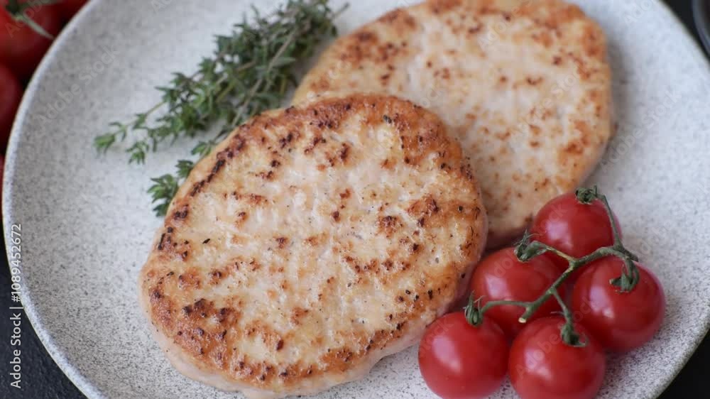Grilled chicken burger cutlet with salt, spices and herbs on a dark concrete background Grilled chicken burger cutlet with salt, spices and herbs on a dark concrete background
