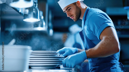 Fototapeta Naklejka Na Ścianę i Meble -  Professional Chef Preparing Plates in Restaurant Kitchen