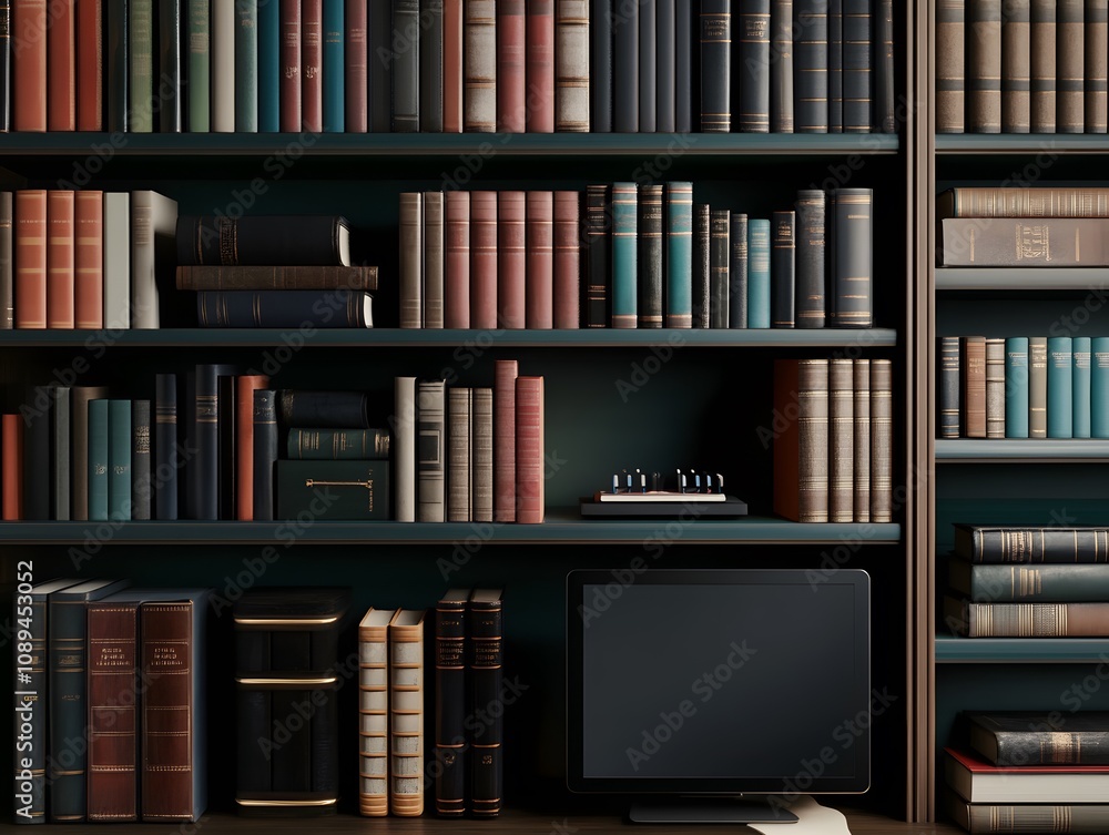 Elegant Library Bookshelf with Modern Technology Elegant Library Bookshelf with Modern Technology