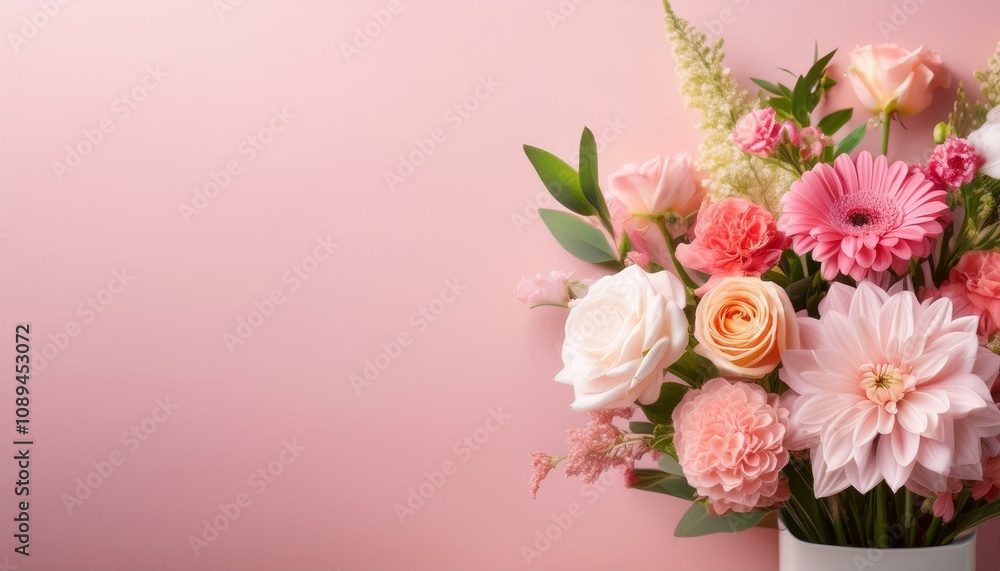different flowers in a vase on a pink pastel background different flowers in a vase on a pink pastel background