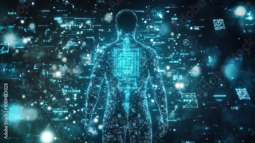 circuits glowing across his body, surrounded by holographic quantum equations