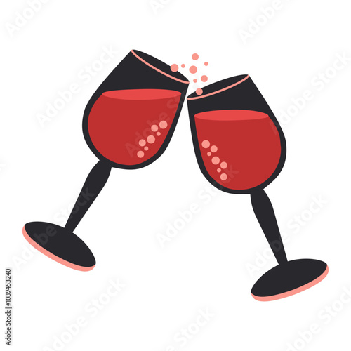 A pair of crystal glasses with a sparkling drink clink festively, splashing bubbles of champagne on a white background. Vector.