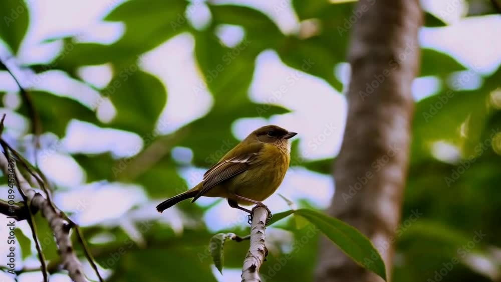 Small Yellow Bird Perched on Branch in Leafy Tree Small Yellow Bird Perched on Branch in Leafy Tree