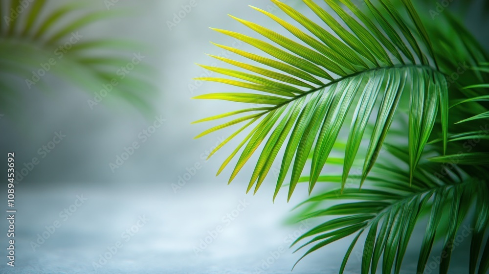 Fototapeta premium Lush green palm fronds on blurred background.