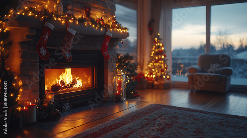 A cozy holiday living room with a glowing fireplace, decorated tree, and festive ambiance, perfect for Christmas spirit.