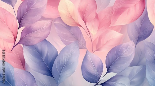Wallpaper Mural A seamless pattern of delicate pastel leaves in pink, purple, and blue tones, creating a soft and dreamy botanical design. Torontodigital.ca
