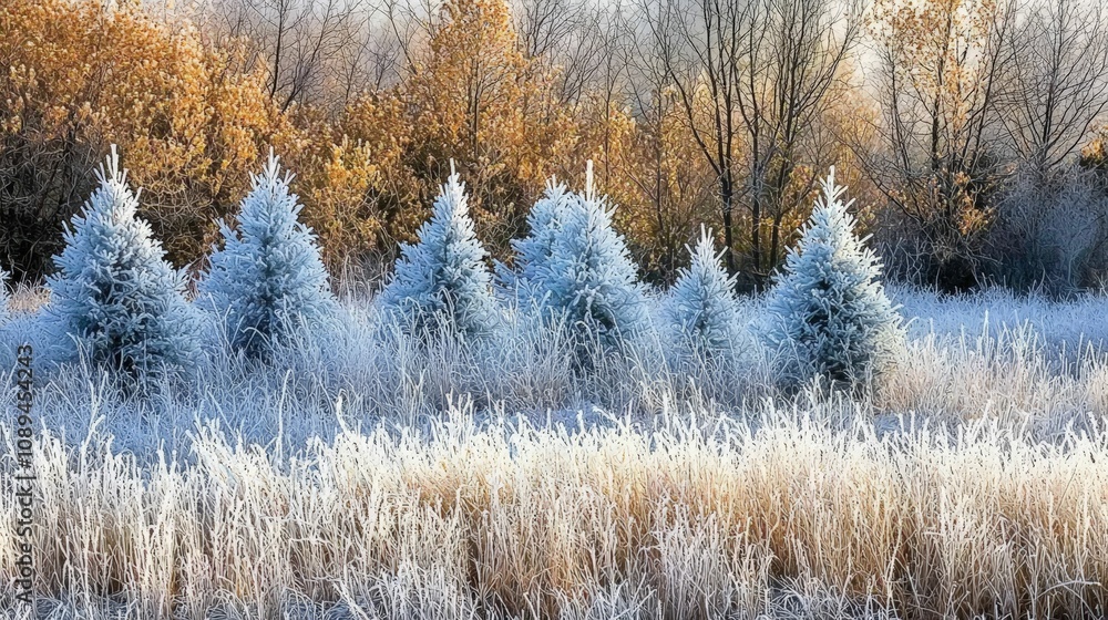 trees in winter concept. Frost-covered trees stand majestically against golden foliage, creating a serene winter landscape with shimmering grass. trees in winter concept. Frost-covered trees stand majestically against golden foliage, creating a serene winter landscape with shimmering grass.