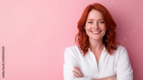 smiling woman with red hair on a pink background