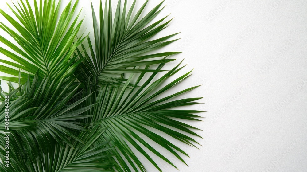 Lush green palm fronds on white background. Lush green palm fronds on white background.