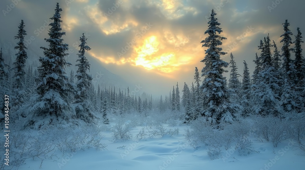 trees in winter concept. A serene winter landscape featuring snow-covered trees and a dramatic sky with sunlight breaking through the clouds.