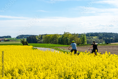 Eine Fahrradtour im Frühjahr - zwei Radfahrer auf einem Radweg mit einem Rapsfeld im Vordergrund