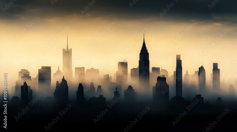 Mysterious City Skyline at Twilight: A Serene Perspective on Modern Architecture in Fog Mysterious City Skyline at Twilight: A Serene Perspective on Modern Architecture in Fog