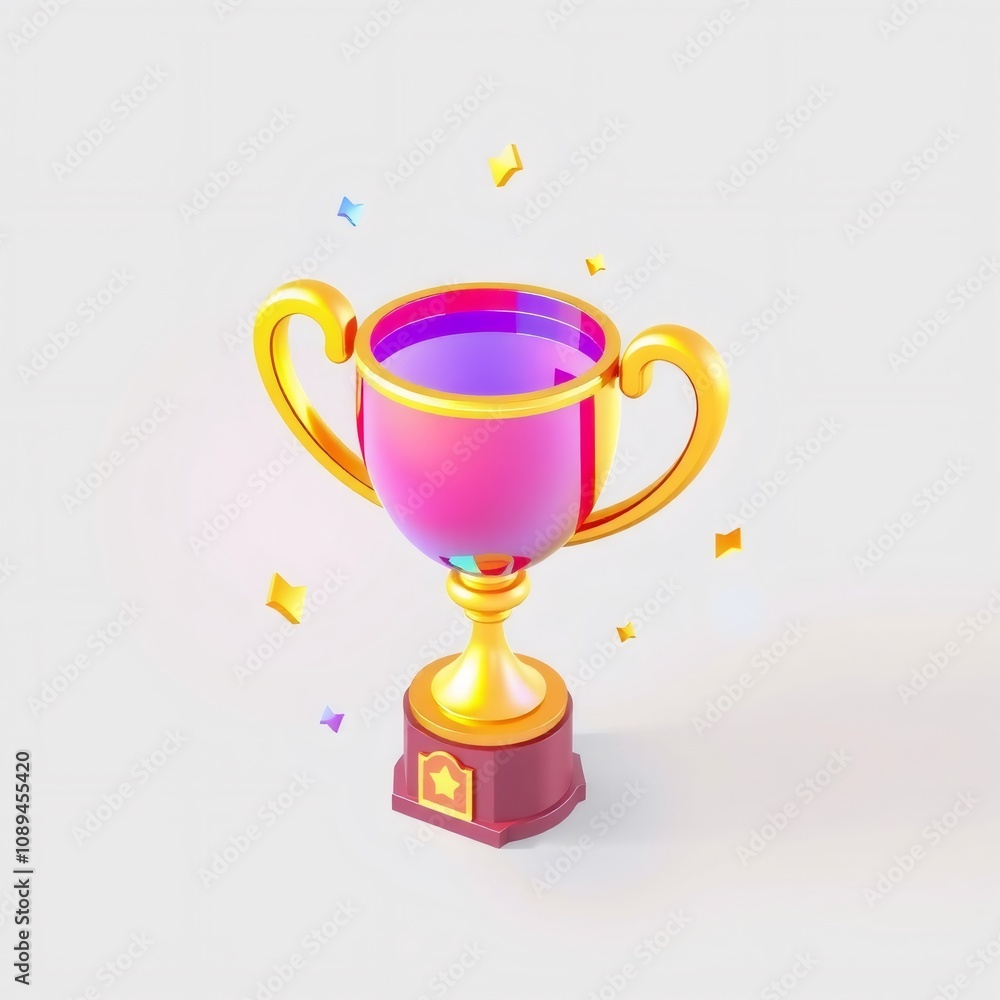 Golden trophy with a pink cup and a red base with a star on white background. Golden trophy with a pink cup and a red base with a star on white background.