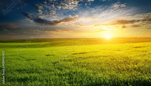 green field and bright sunset