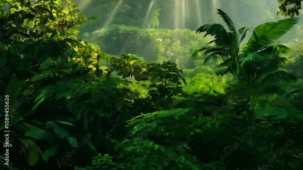 Sunbeams Through the Jungle Canopy: A breathtaking view of a lush tropical jungle, where sunlight pierces through the dense foliage. Sunbeams Through the Jungle Canopy: A breathtaking view of a lush tropical jungle, where sunlight pierces through the dense foliage.
