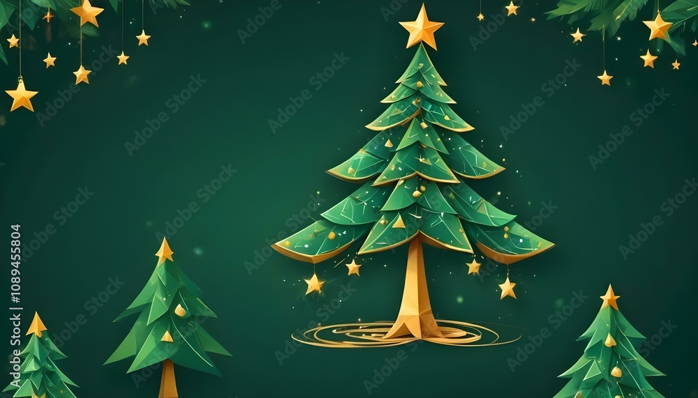 Obraz premium Árbol de Navidad Abstracto Un árbol de Navidad estilizado hecho de formas geométricas, como triángulos o círculos, en tonos verdes y dorados, con estrellas brillantes suspendidas alrededor