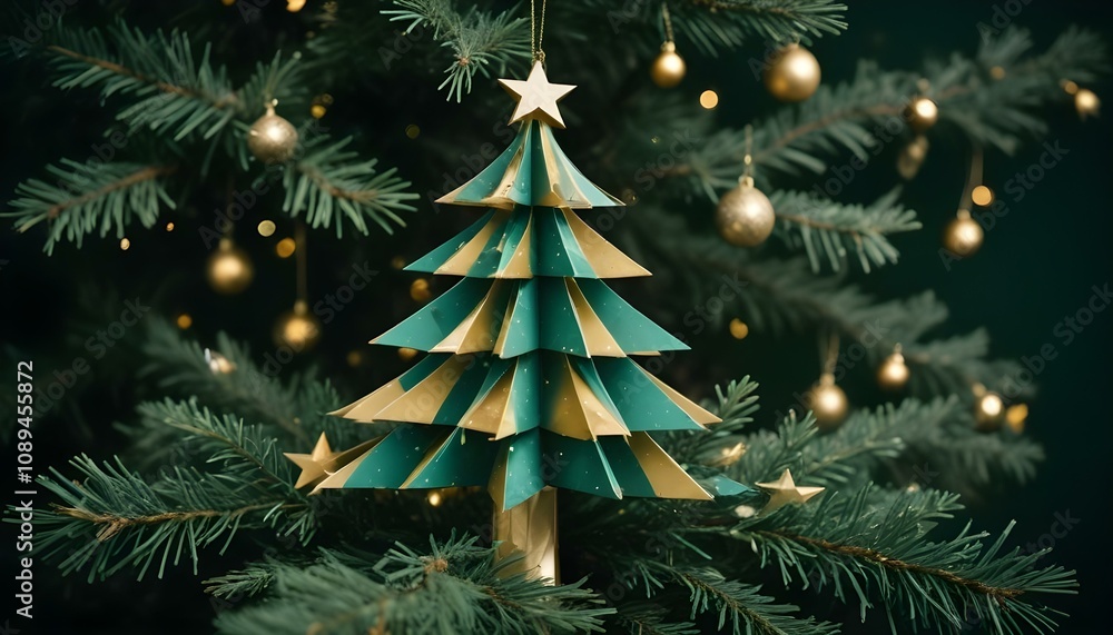 Árbol de Navidad Abstracto Un árbol de Navidad estilizado hecho de formas geométricas, como triángulos o círculos, en tonos verdes y dorados, con estrellas brillantes suspendidas alrededor Árbol de Navidad Abstracto Un árbol de Navidad estilizado hecho de formas geométricas, como triángulos o círculos, en tonos verdes y dorados, con estrellas brillantes suspendidas alrededor