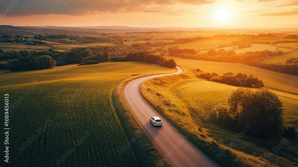 Small car driving through a rural landscape with a sunset casting golden hues over fields and winding road Small car driving through a rural landscape with a sunset casting golden hues over fields and winding road