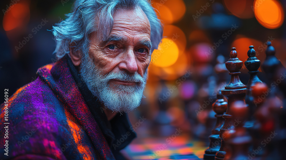 Obraz premium Elderly man engaged in chess game at an outdoor gathering during dusk with soft lights in the background. Generative AI
