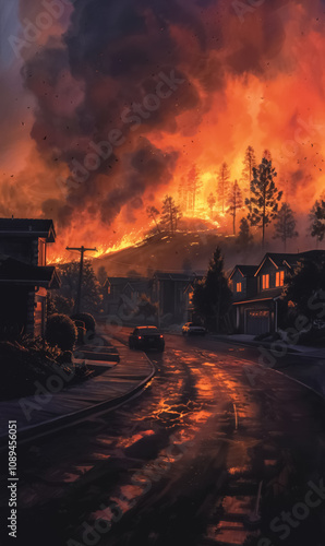 spreading of wild forest fire over town at night, wildfire natural disaster, global warming and climate change impact concept