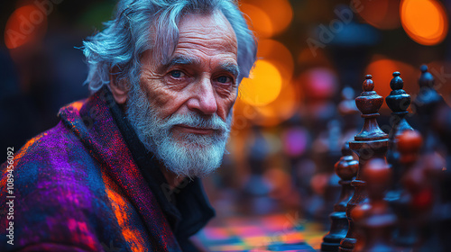 Elderly man engaged in chess game at an outdoor gathering during dusk with soft lights in the background. Generative AI