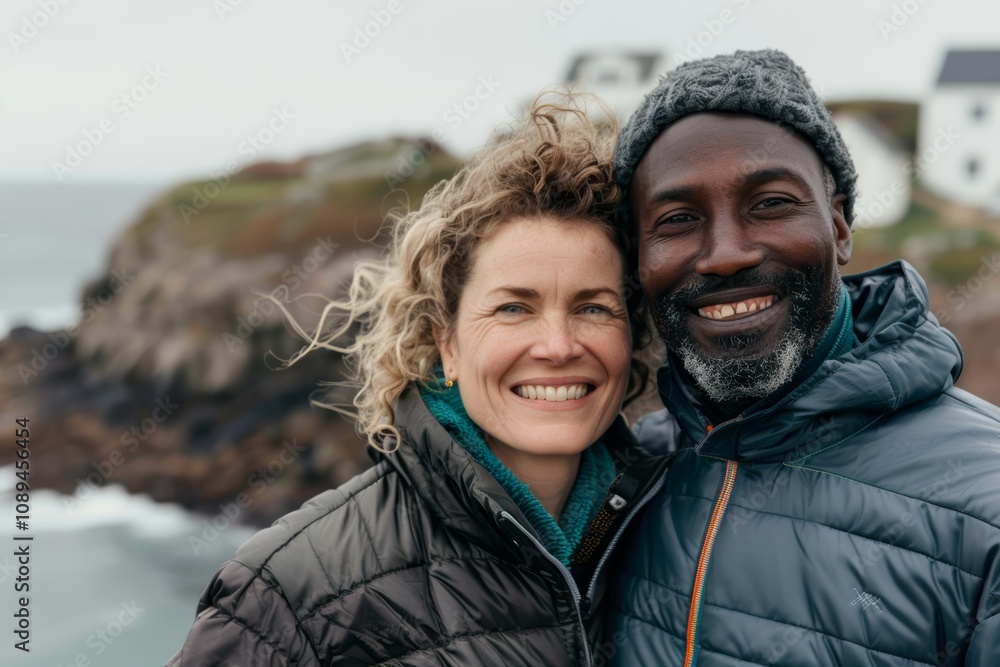 Portrait of a cheerful multicultural couple in their 30s sporting a quilted insulated jacket over beautiful coastal village background Portrait of a cheerful multicultural couple in their 30s sporting a quilted insulated jacket over beautiful coastal village background