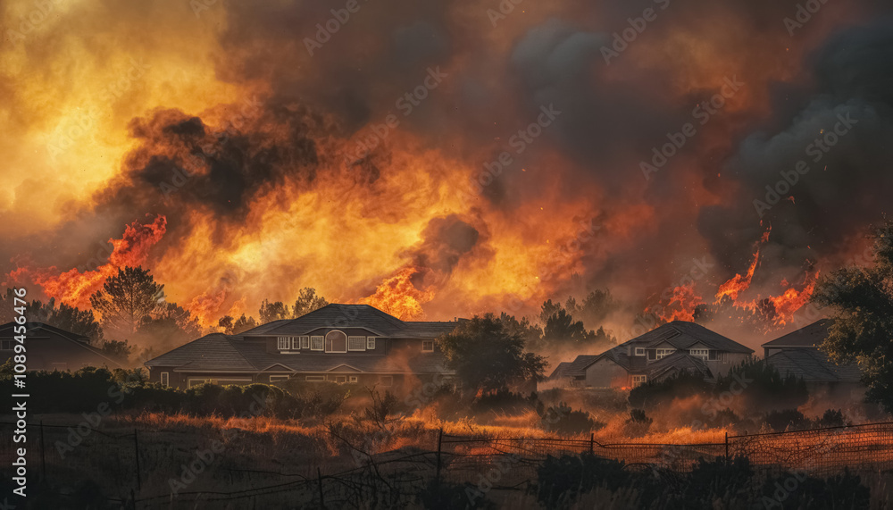 spreading of wild forest fire over town at night, wildfire natural disaster, global warming and climate change impact concept spreading of wild forest fire over town at night, wildfire natural disaster, global warming and climate change impact concept