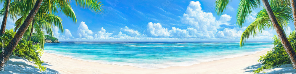 Tropical Island Sanctuary: Pristine white sand, framed by swaying palm trees and turquoise waters, inviting relaxation. Tropical Island Sanctuary: Pristine white sand, framed by swaying palm trees and turquoise waters, inviting relaxation.