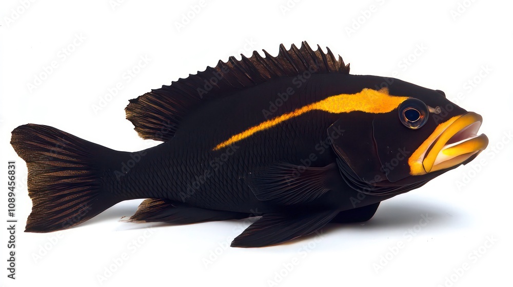 Fototapeta premium A black and yellow fish with a large mouth, isolated on a white background.