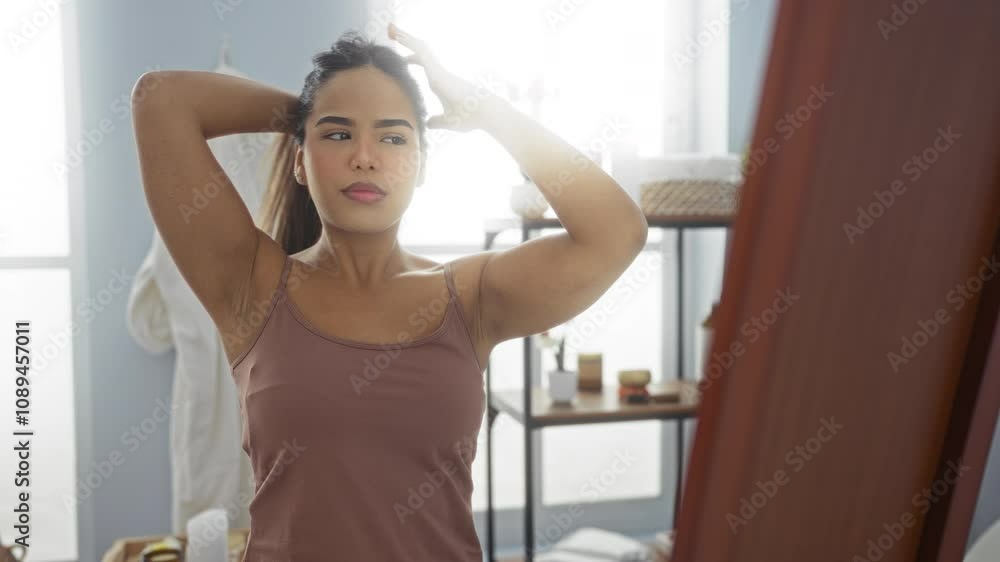 Woman styling hair in a wellness spa room with beauty products and mirror reflecting her serene expression suggesting relaxation and self-care focus indoors. Woman styling hair in a wellness spa room with beauty products and mirror reflecting her serene expression suggesting relaxation and self-care focus indoors.