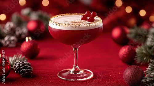 A festive red Christmas cocktail in a martini glass, garnished with cranberries and a sugar rim, surrounded by red ornaments and pine cones. photo