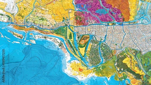 Detailed urban planning map showcasing climate resilient zones and infrastructure in a vibrant digital overlay