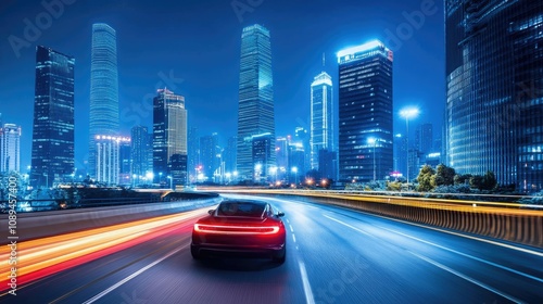 Sports car driving along a modern highway with bright lights and tall skyscrapers under a clear night sky