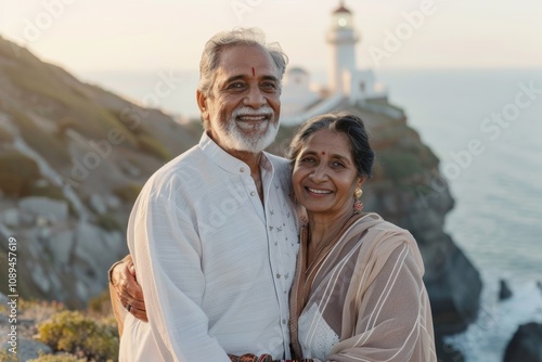 Portrait of a glad indian couple in their 70s dressed in a breathable mesh vest over majestic lighthouse on a cliff background photo