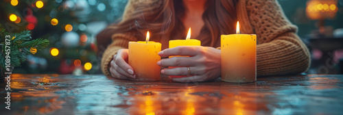 A woman holds glowing candles on a festive table with warm lights and holiday decor in the background, creating a cozy scene. photo