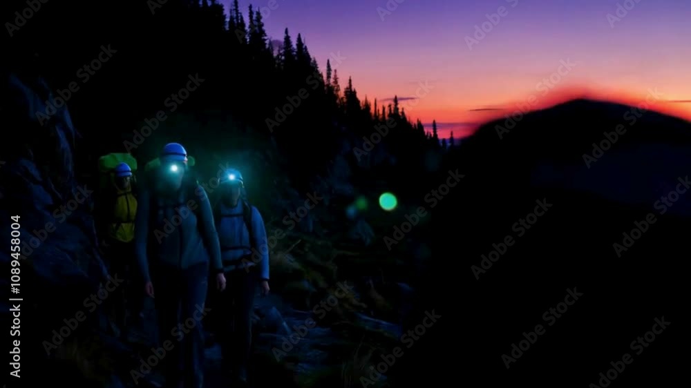 Hikers with Headlamps Walking on Mountain Trail at Dusk Hikers with Headlamps Walking on Mountain Trail at Dusk
