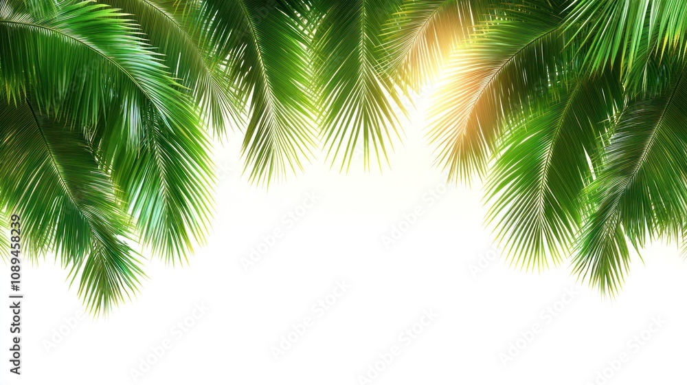 Lush green palm leaves frame with sunlit background. Lush green palm leaves frame with sunlit background.