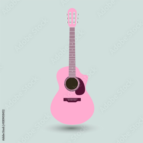 Sweet pink guitar vector on isplated background in blue. A beauty color guitar wooden icon on light blue background.