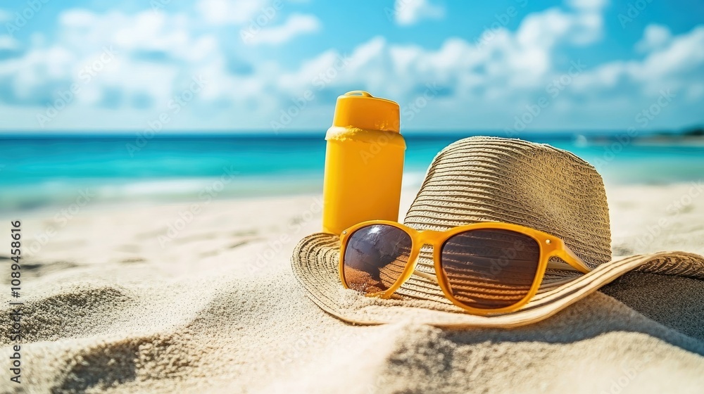 Sun protection essentials on warm sand SPF sunscreen, hat, and sunglasses, perfect for summer days by the sea. Sun protection essentials on warm sand SPF sunscreen, hat, and sunglasses, perfect for summer days by the sea.