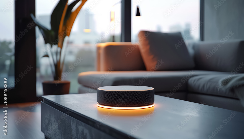 smart virtual assistant for help in domestic life and intelligent home, glowing smart speaker controlled by phone, wireless moder technology smart virtual assistant for help in domestic life and intelligent home, glowing smart speaker controlled by phone, wireless moder technology