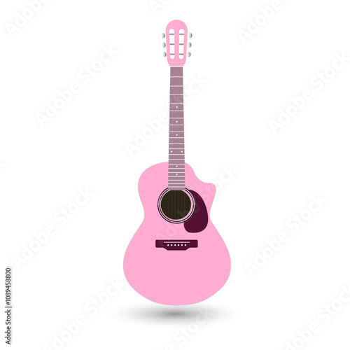 Sweet pink guitar vector on isplated background in blue. A beauty color guitar wooden icon on light blue background.