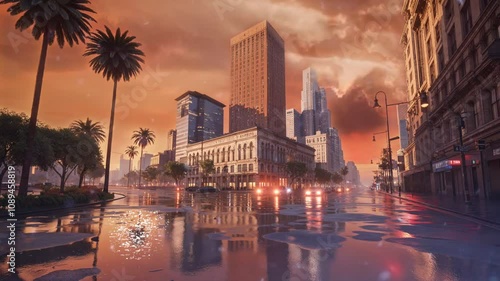 Wet city street at sunset, reflecting buildings and palm trees.